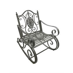 Regency design wrought metal rocking garden bench armchair, pierced back with scroll design and central foliate medallion over strap seat, with C-scroll arms and supports, in antique grey finish