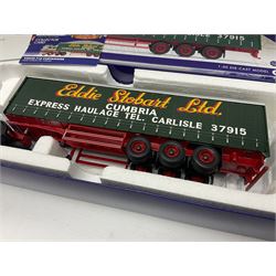 Corgi Eddie Stobart - two Special Edition Hauliers of Renown lorries; CC13749 Scania R Curtainside Trailer and CC15508 Volvo F10 Curtainside; and limited edition Hauliers of Renown CC13801 Mercedes-Benz Actros Fridge Trailer; all boxed (3)