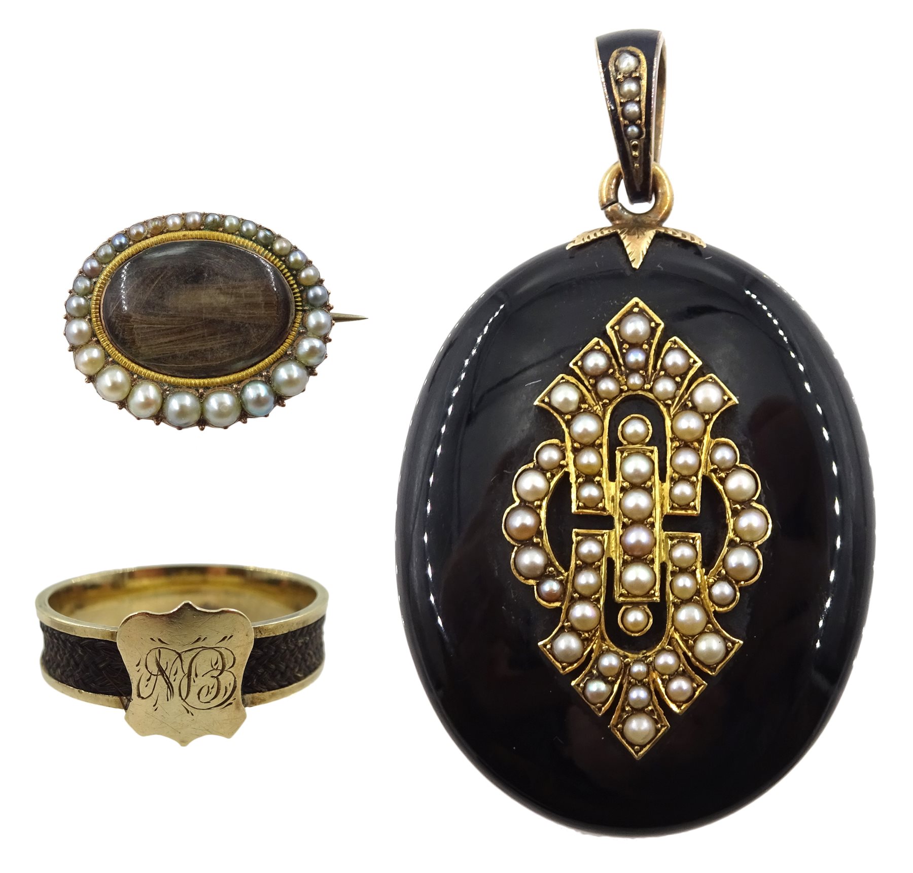 Victorian black enamel mourning pendant, with gold mounted seed pearl decoration, gold mourning ring, with plated hair shank and seed pearl mourning brooch