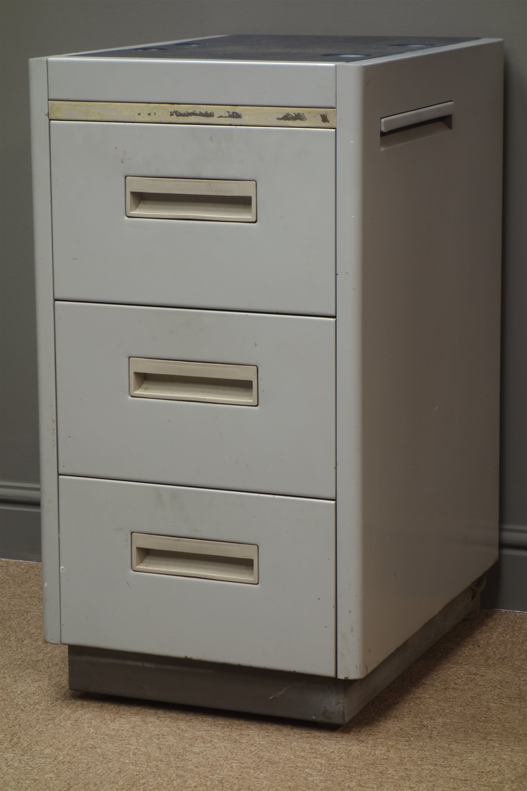 Vintage metal filing grey finish, three drawers, W42cm, H79cm