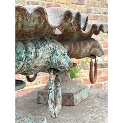 Pair of French cast iron garden urns, each with scalloped edge above lion mask and loop handles, on a square base. H36cm, D73cm.  - COLLECTION BY APPOINTMENT FROM: The White House, Thirsk Road, Easingwold, York, YO61 3NF - CALL 01723 507111 TO ARRANGE