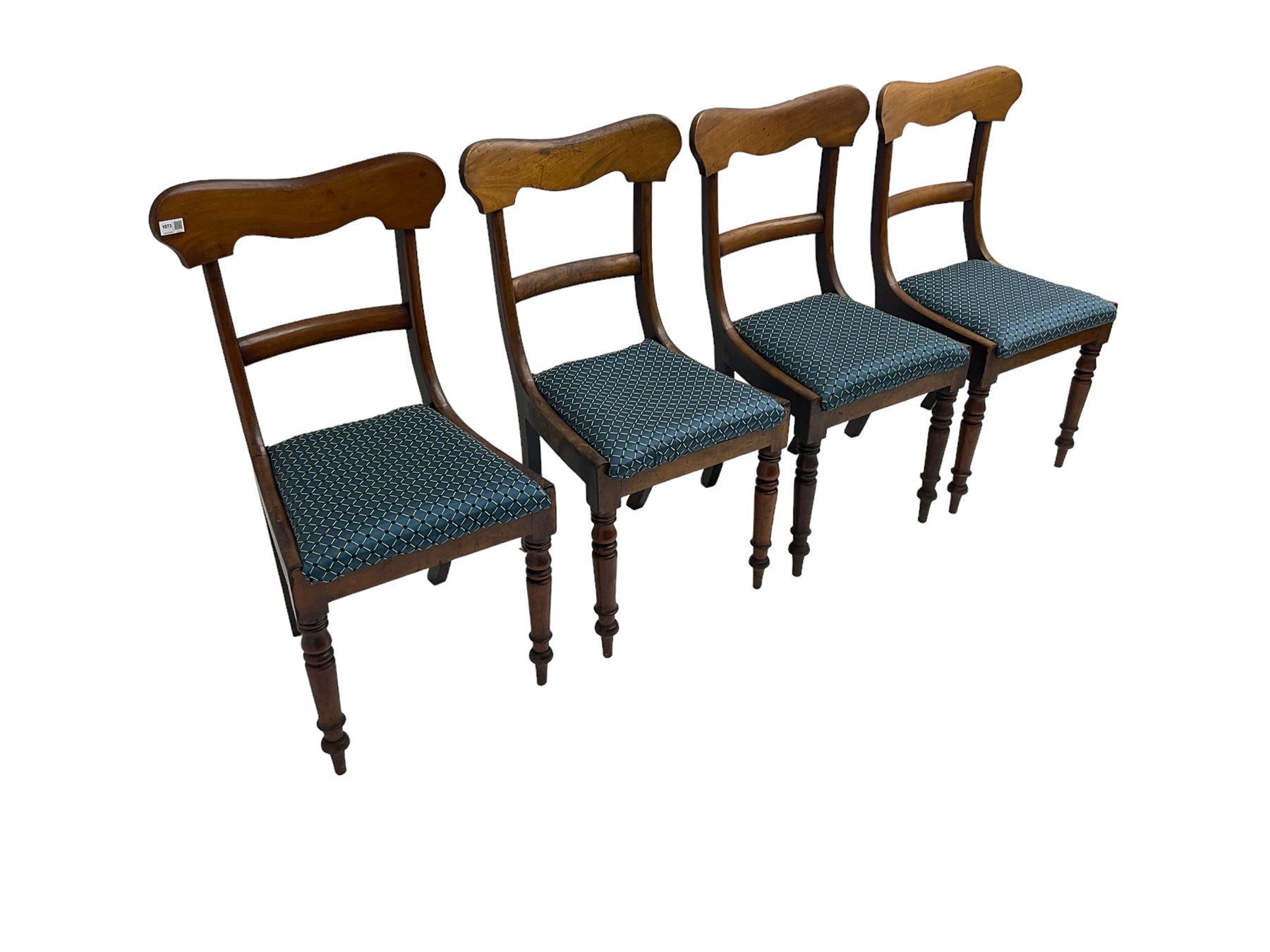 Set four Victorian mahogany dining chairs, shaped cresting rail over centre rail, seat upholstered in blue patterned fabric, raised on turned supports