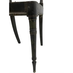 Collection of Regency dining chairs - set of four Regency painted beech dining chairs, with cane seat and back, on collar turned supports with splayed feet (W46cm, H84cm); a pair of Regency ebonised dining chairs (W47cm, H77cm); and a single Regency dining chair, the cresting rail painted with floral cornucopias and central putto vignette, X-frame back over cane seat, on collar turned front supports painted with foliage (W46cm, H84cm) (7)