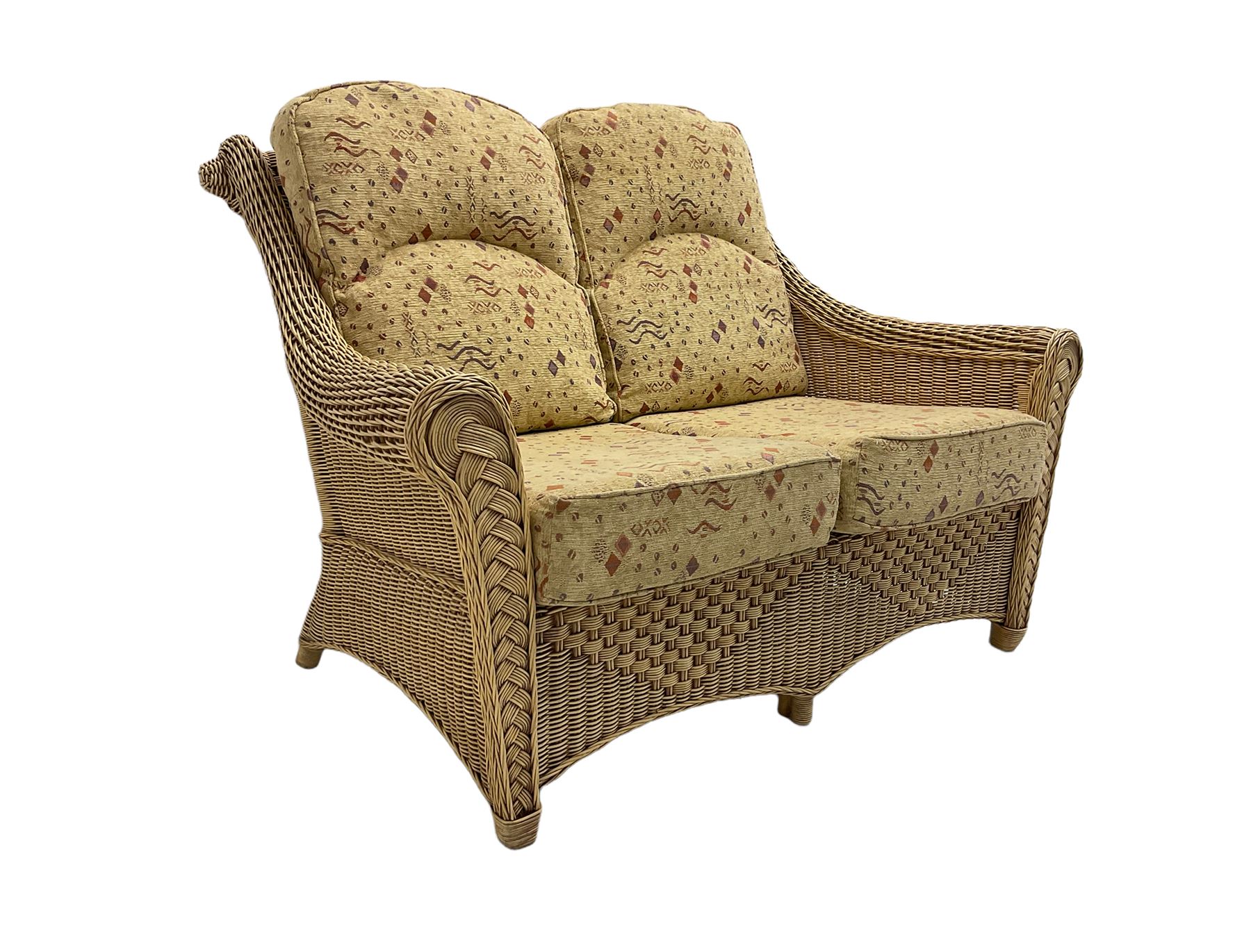 Four piece cane conservatory suite - two seat sofa (W130cm), pair of armchairs (W85cm), and coffee table (85cm x 60cm)