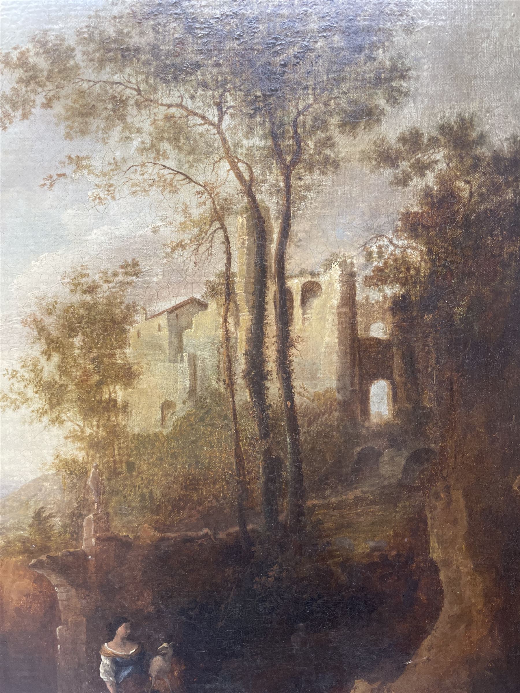 Jan Dircksz Both (Dutch 1615/18-1652) and Andries Both (Dutch 1612/1613-1642): Shepherd and Wife within an Italian Landscape, oil on canvas attributed and titled on the mount 60cm x 50cm 
Provenance: previously owned by the Countess Michalowski, Cork 
Notes: this picture captures the typical golden Italian light and shadowy foreground that Both highlighted in many of his works from the 1630s and early 40s. It is likely the figures were executed by his elder brother Andries, who drowned in Venice 1642.