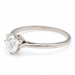 Early 20th century platinum diamond ring, single with a single old cut diamond of approx 0.85 carat, in tooled leather ring box