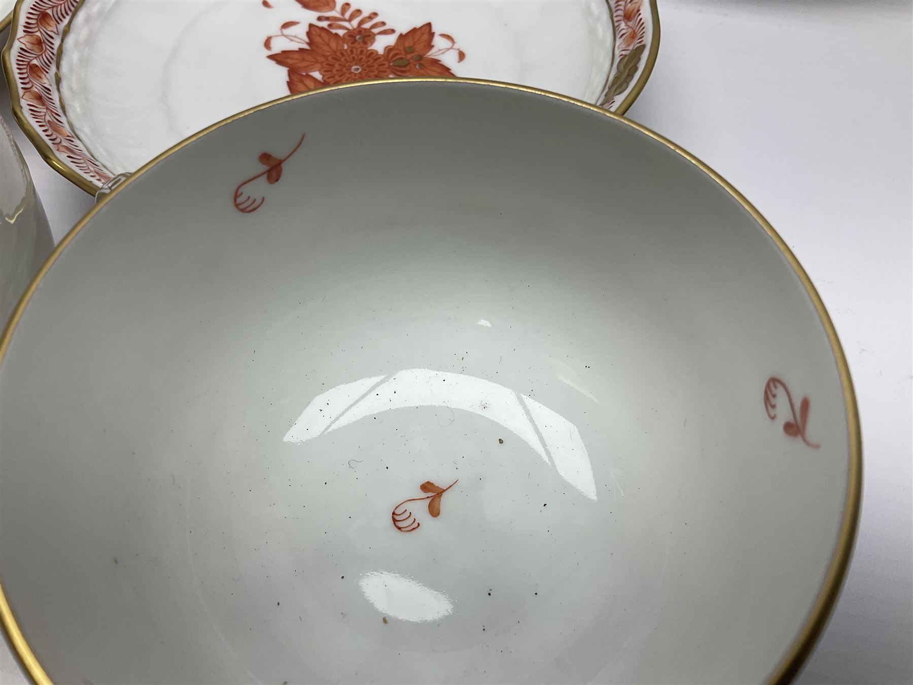 Herend Chinese Bouquet Rose pattern tea service comprising teapot, coffee pot, open sucrier, six cups and saucers, six tea plates, cream jug and stand, milk jug, two teabag holders, preserve pot, two leaf shaped dishes, four egg cups, salt & pepper pots, pair side plates and another plate