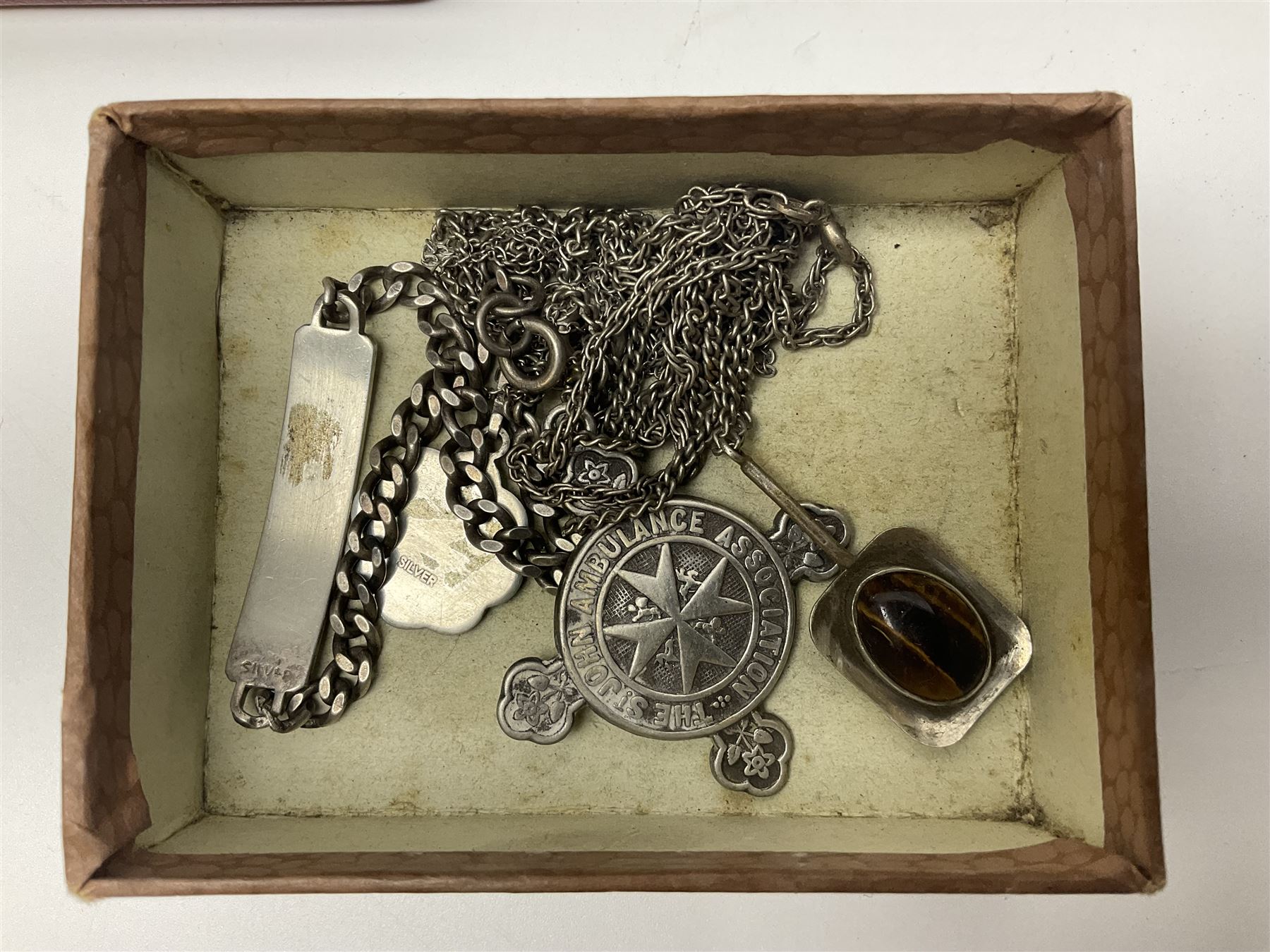 Silver jewellery including St Johns Ambulance medal, tiger's eye necklace, identity bracelet, etc, together with Festival of Britain powder compact, Ippag dice lighter, Win International lighter, Victorian and later costume jewellery and wristwatches