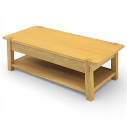 Contemporary light oak coffee table, rectangular with single draw beneath