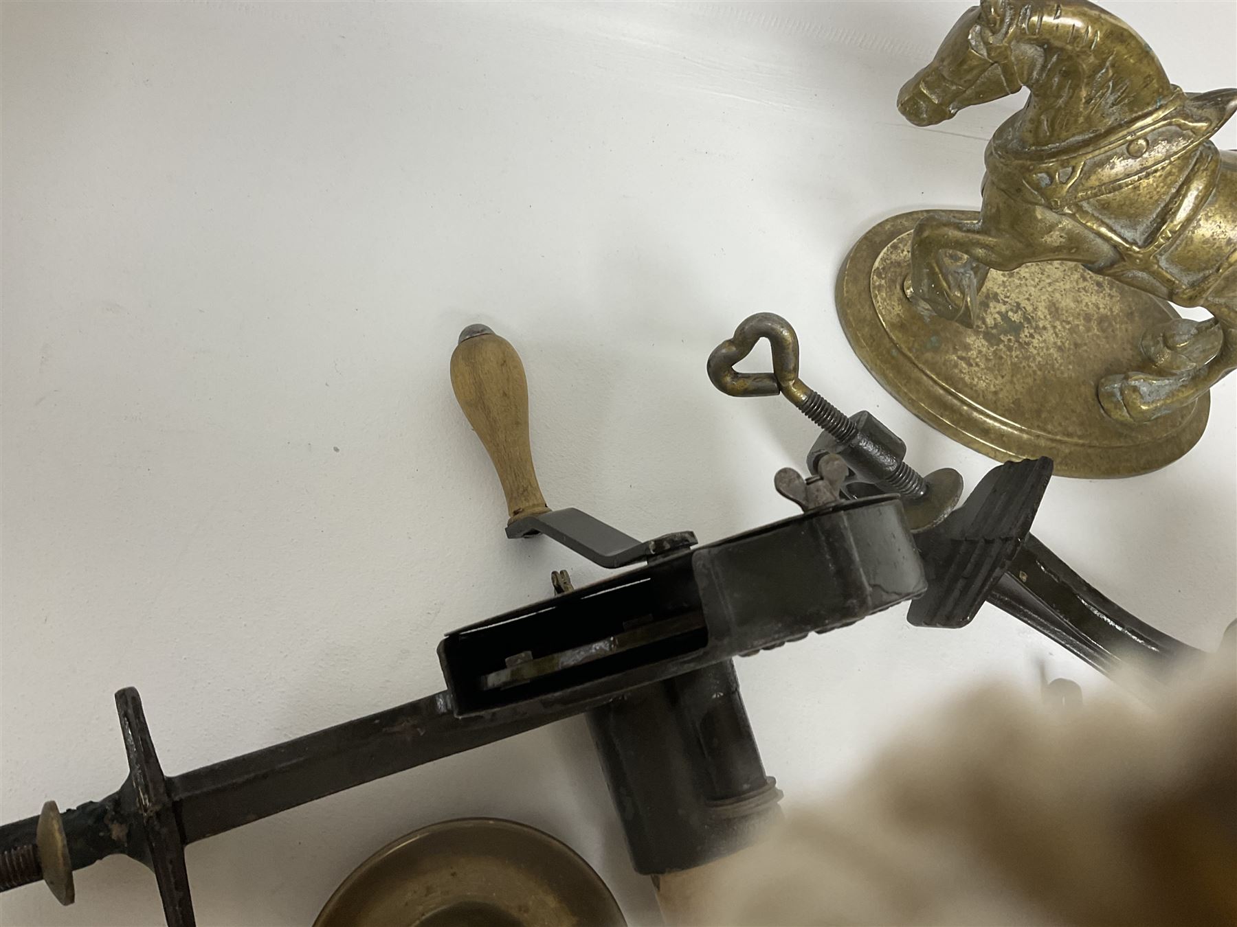 Two cast iron Follows and Bate Ltd Rapid Marmalade Cutter, Manchester, brass figure of a horse etc