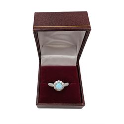 Silver opal and cubic zirconia flower cluster ring, stamped 925, boxed