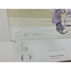 Two signed Yorkshire County cricket bats, bearing signatures including Anthony McGrath, Jacques Rudolph, Michael Vaughn and Matthew Hoggard, etc, both within glazed presentation boxes, box H86.5cm, together with a framed Darren Gough signed presentation print by Gary Keane