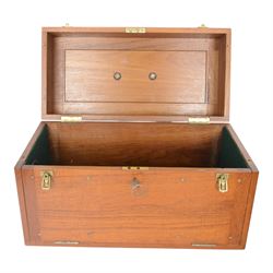 Two writing slopes, including brass bound mahogany example, together with a wooden box with brass handles to sides and cover, tallest H28cm