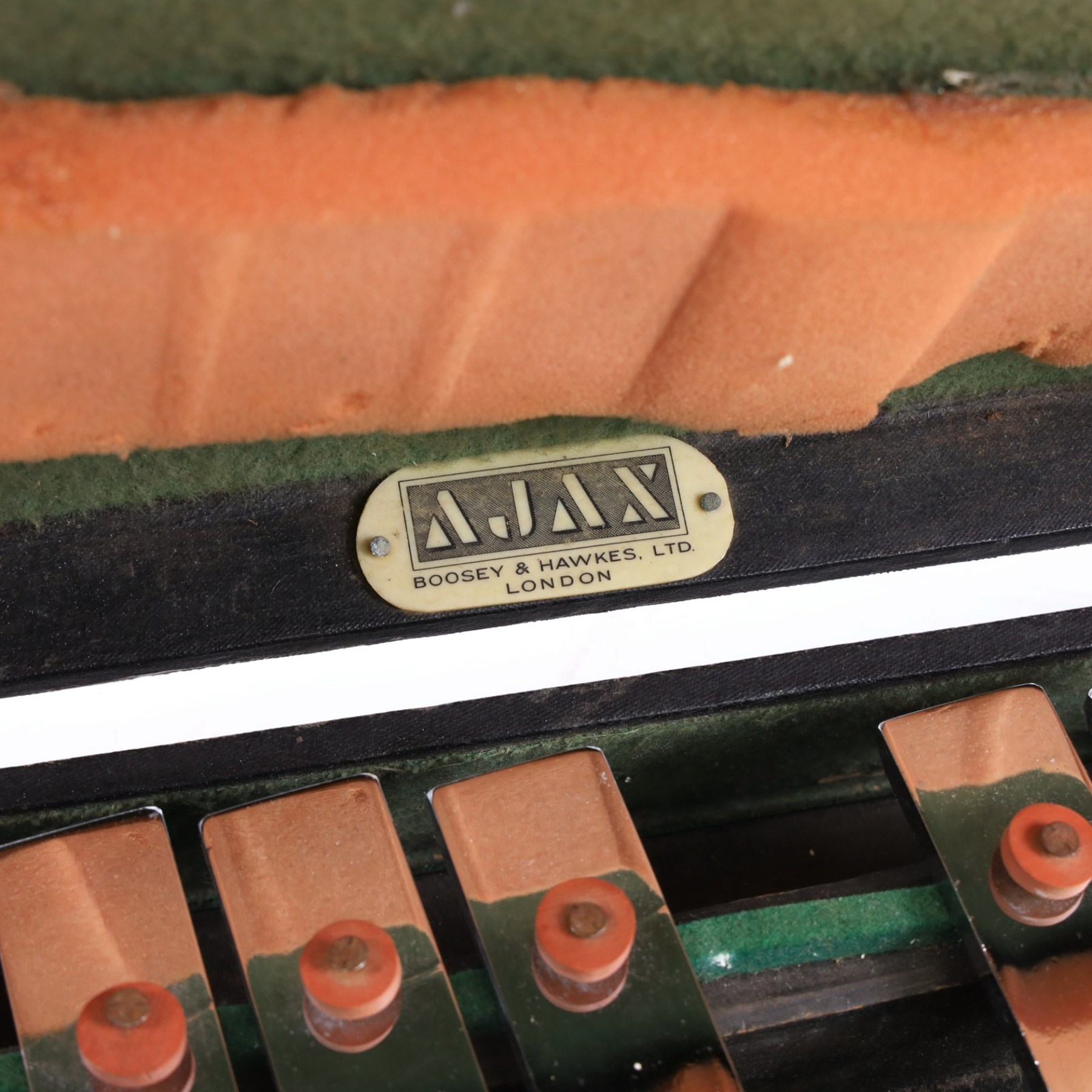 Ajax Boosey & Hawkes metal glockenspiel with black wooden frame, wooden beaters, in hard carry case