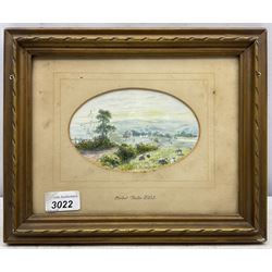 Circle of Myles Birket Foster (British 1825-1899): Expansive Landscape with Sheep, oval watercolour unsigned 9cm x 14cm
