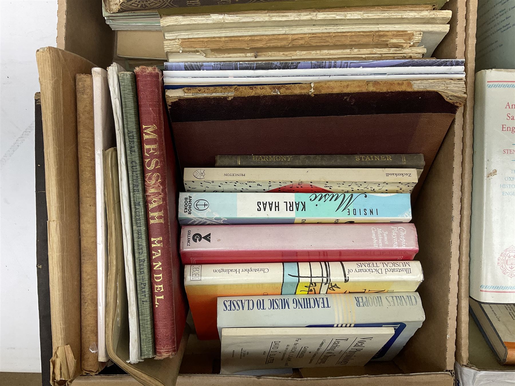 Collection of books, to include eight volumes of The Harmsworth Encyclopaedia, Dicken novels, readers digest books etc in five boxes