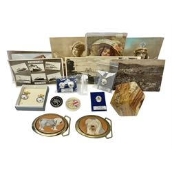 Studio Danielle Old English Sheepdog jewellery including two pairs of cufflinks, necklace and pin, together with similar belt buckle, hardstone tetradecahedron paperweight, postcards and an Imperial War Museum Falklands Conflict coin
