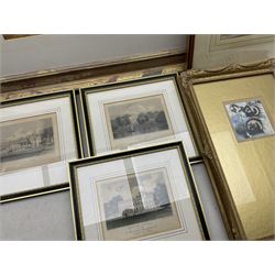 Two original watercolours, one indistinctly signed Frank *, framed print of sheep and three engravings (6)