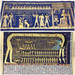 Egyptian School (20th century): Hymn to Nut and Judgement Day, two paintings on papyrus indistinctly signed max 58cm x 140cm (2) (unframed)