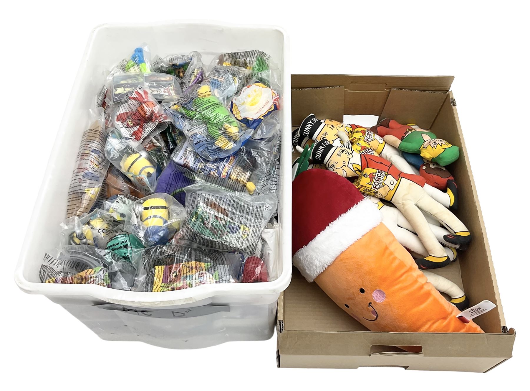 Quantity of Sunny Jim advertising soft toys, together with a quantity of Mcdonalds toys in two boxes