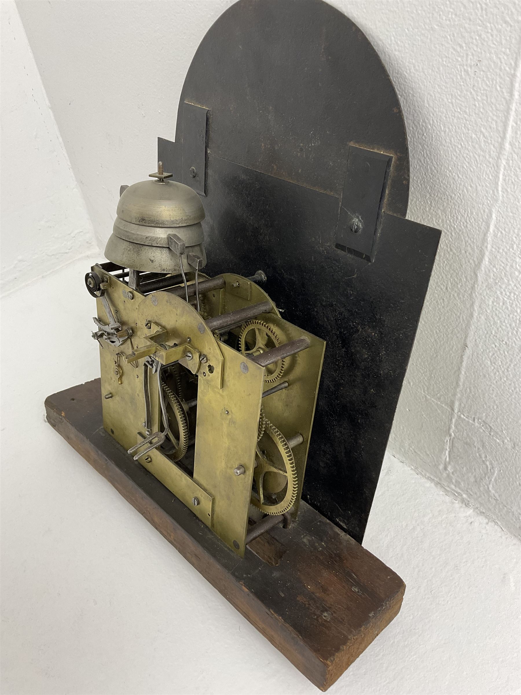 Etherington of Driffield - Rare three-train late 18th century 30-hour longcase clock in an oak case, flat topped hood with dentil moulding and blind fret, break arch hood door with attached pillars, trunk with a conforming door on a deep stepped plinth with shaped base, dial with a fully painted  arch and scroll spandrels in raised gesso, an unusual and rare dial having separate dials for the hours and minutes, dial inscribed 