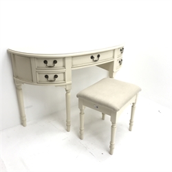 Laura Ashley cream finish demi-lune dressing table, one long and four short drawers, turned tapering supports (W125cm, H78cm, D38cm) with stool (2)