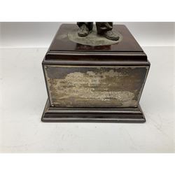 Presentation bronzed figure of a paratrooper by Peter Hicks mounted on a mahogany plinth with plaque inscribed ' Presented to Lieutenant General Sir Michael Gray KCB OBE President Army Parachute Association 1981-1987 An Outstanding Term of Leadership Friendship and Humour. Thank You All Ranks A.P.A.' H28cm; a brass Pegasus plaque H12cm; and small quantity of colour photographs and prints of military related paintings