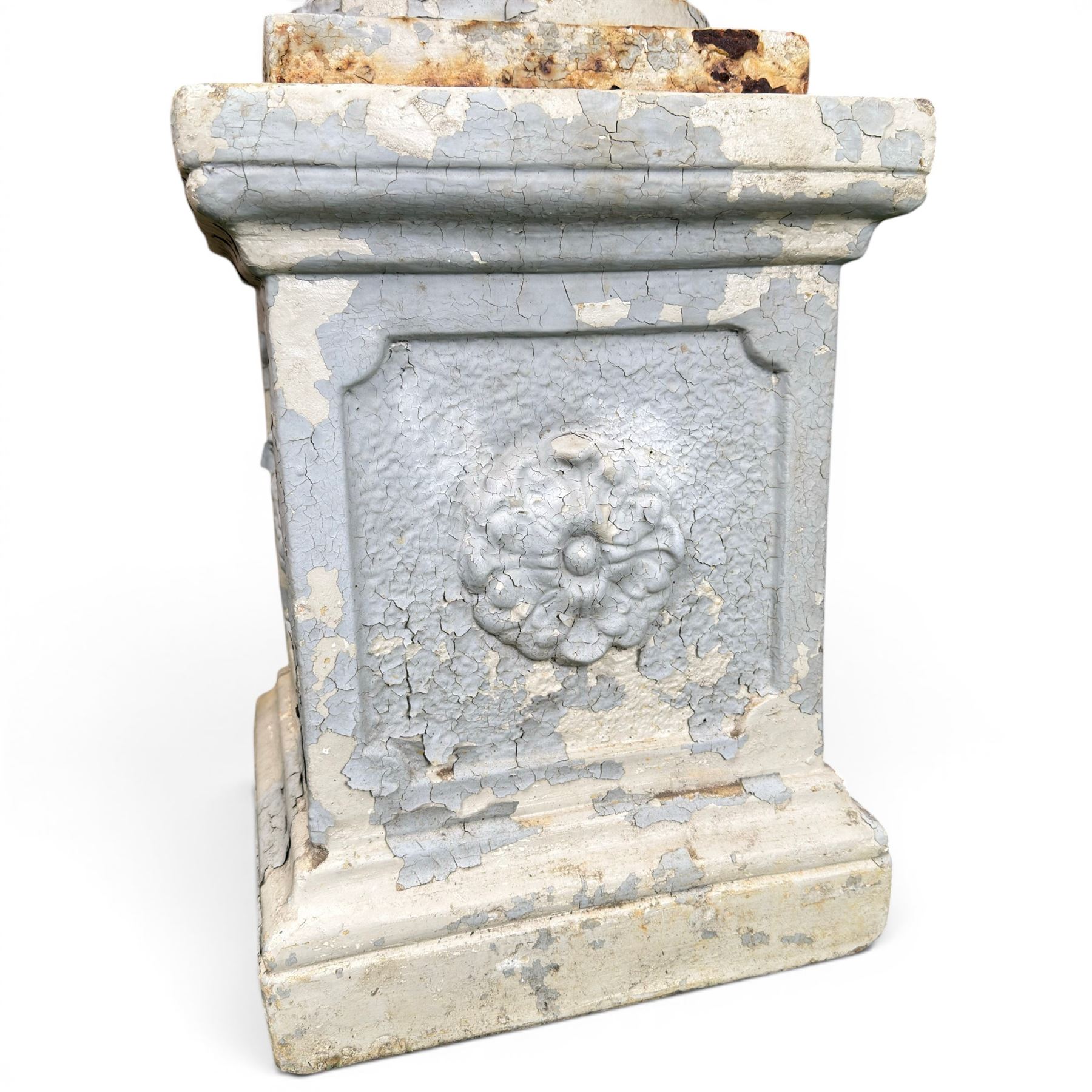 Victorian weathered heavy ornate cast iron garden centerpiece urn, distressed white and duck egg blue painted, raised on square plinth with rose detail 