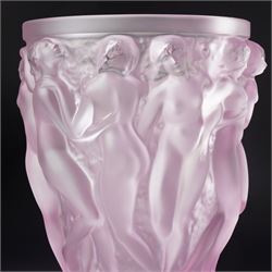 Lalique Bacchantes pattern frosted and clear pink glass vase signed 'Lalique France' H25cm in original pink Lalique box with guarantee etc