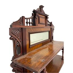 19th century mahogany wall hanging mirror back, gallery top top with carved foliate decoration, fitted with two shelves with turned supports, two bevelled mirror panels