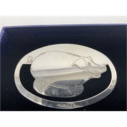 Modern silver bookmark, of oval form, engraved with pig, hallmarked Laurence R Watson & Co, Birmingham 2002, L6.5cm, boxed 