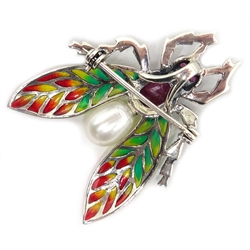  Silver plique-a-jour ruby, marcasite and pearl bug pendant/brooch  