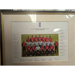 Signed England and Yorkshire cricket memorabilia, including framed bat signed by Michael Vaughn, signed photograph of England team, signed Yorkshire shirt and a signed bat
