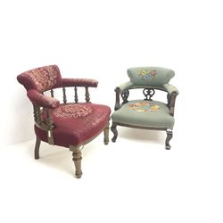 Two late Victorian tub shaped armchairs, upholstered in a patterned fabric