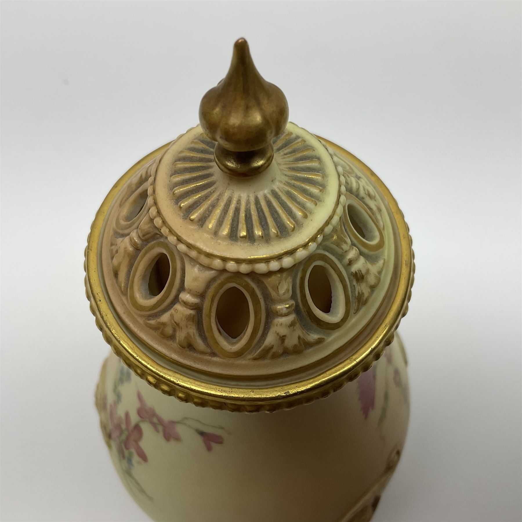 Royal Worcester blush ivory vase and cover, the vase of baluster form on gilt claw feet, shape No.1019, with printed beneath, Together with Limoges dish, vase H16cm