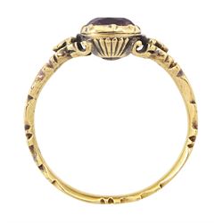 George II 18ct gold amethyst and enamel mourning ring, single cushion cut amethyst, with foiled and glazed back, to pierced fleur-de-lis shoulders, the white enamelled shank engraved Grace Hutchinson OB: 13 Dec: 1756