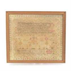 19th century sampler, floral boarder with a verse, by Jane Appleby Age 12 years done at Mr...