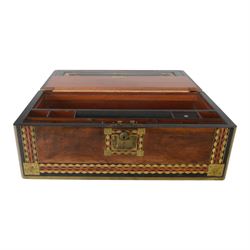 19th century rosewood writing slope, of rectangular form, the hinged cover and front with inlaid foliate engraved brass corner panels, and inlaid marquetry and brass diamond borders, the cover with foliate engraved and named central plaque, opening to reveal a fitted and compartmented interior with gilt tooled black leather slope, H21cm W50cm D28.5cm