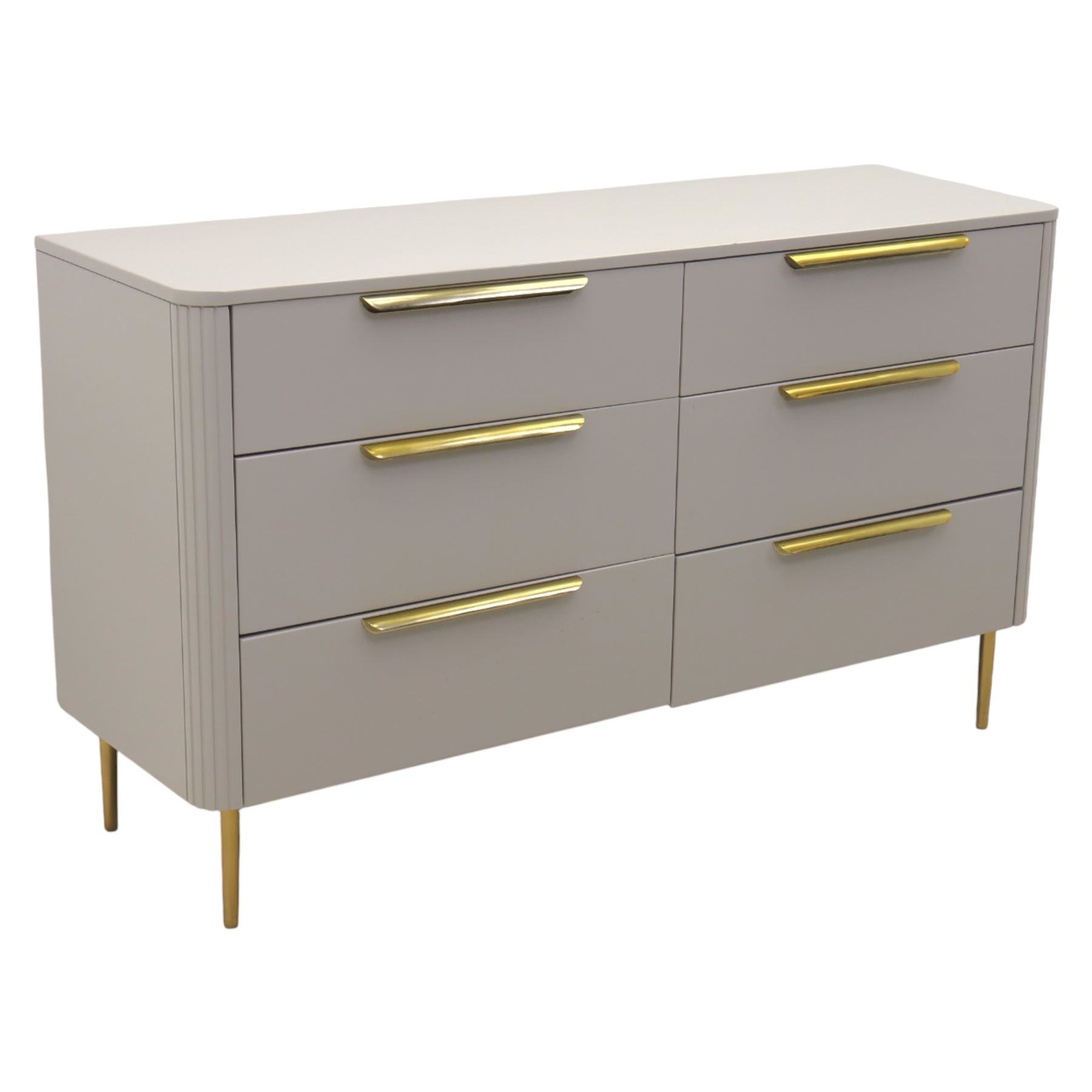 Made.com - 'Ebro' grey six drawer chest, gold painted metal shaped handles, rounded corners with fluted detail, raised on gold painted metal tapered supports