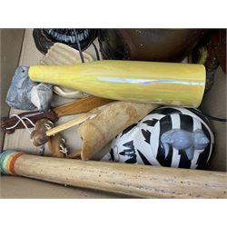 Japanese ceramic egg, three Japanese plates, various cat figures, treen etc in two boxes