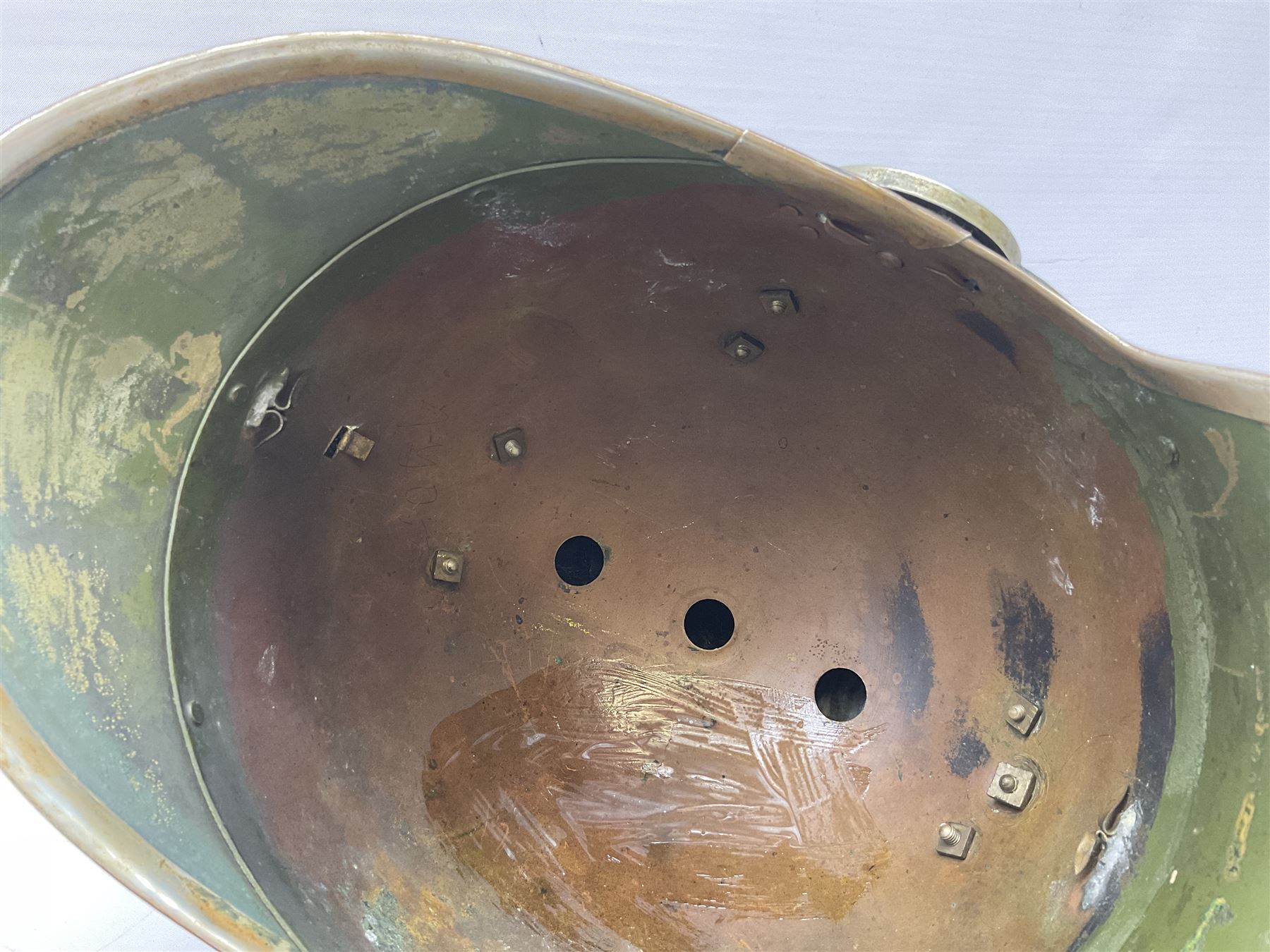 French Model 1913 mounted gendarmerie helmet; brass bodied with nickel mounts, chin strap, comb and horse-hair H27cm (no liner)