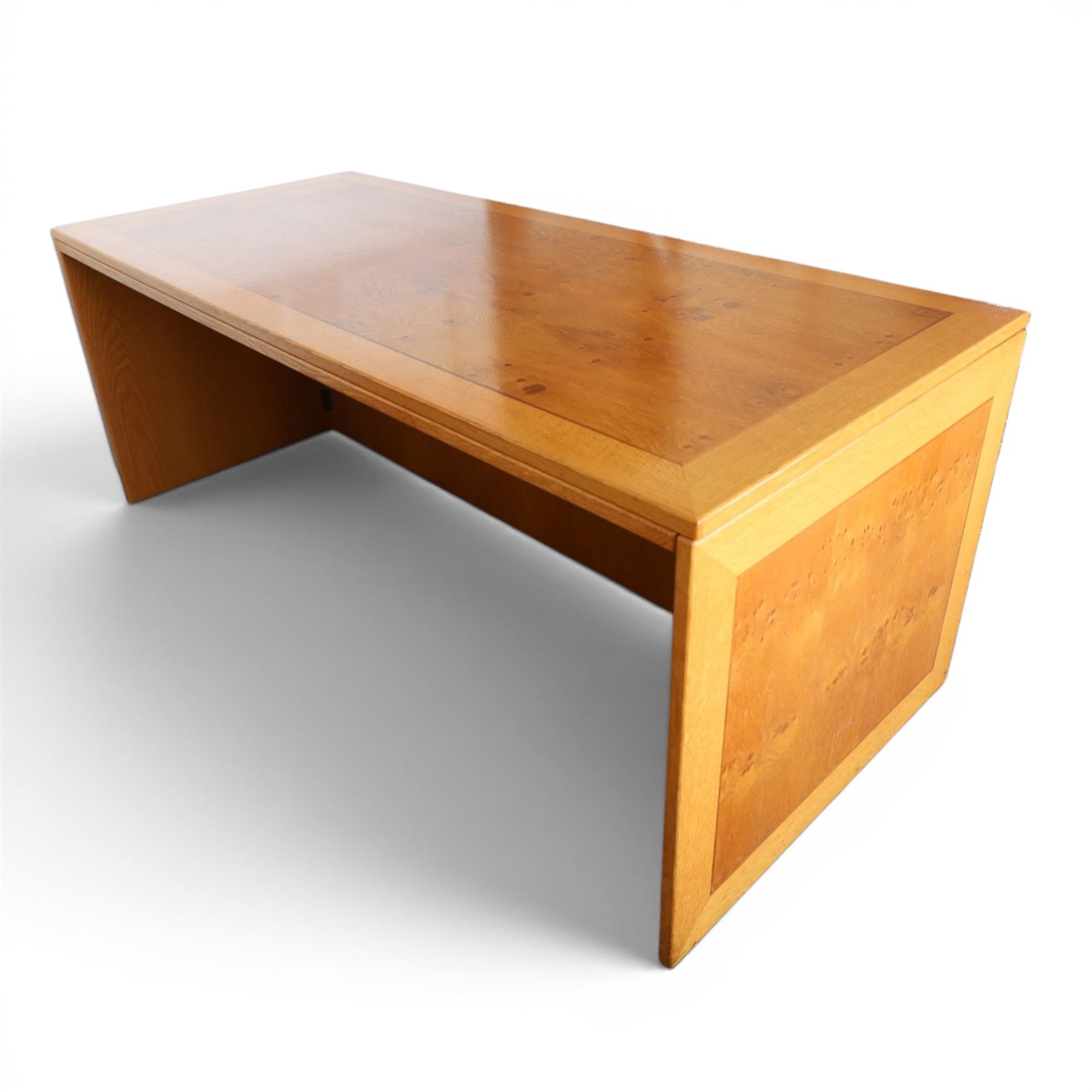 Light oak rectangular office desk with figured and burr panels