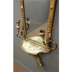  Pair of Edwardian Chippendale style giltwood & gesso Girandole mirrors, arched plates with bead and drapery cresting, two scrolled candle branches and shaped shelf with quiver and torch support, H135cm, W51cm, D20cm (2)  