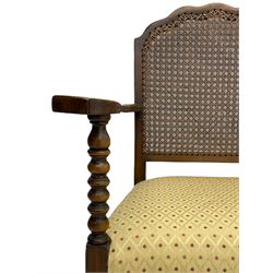 Early 20th century cane back chair, upholstered seat; and a mahogany corner stand (2)
