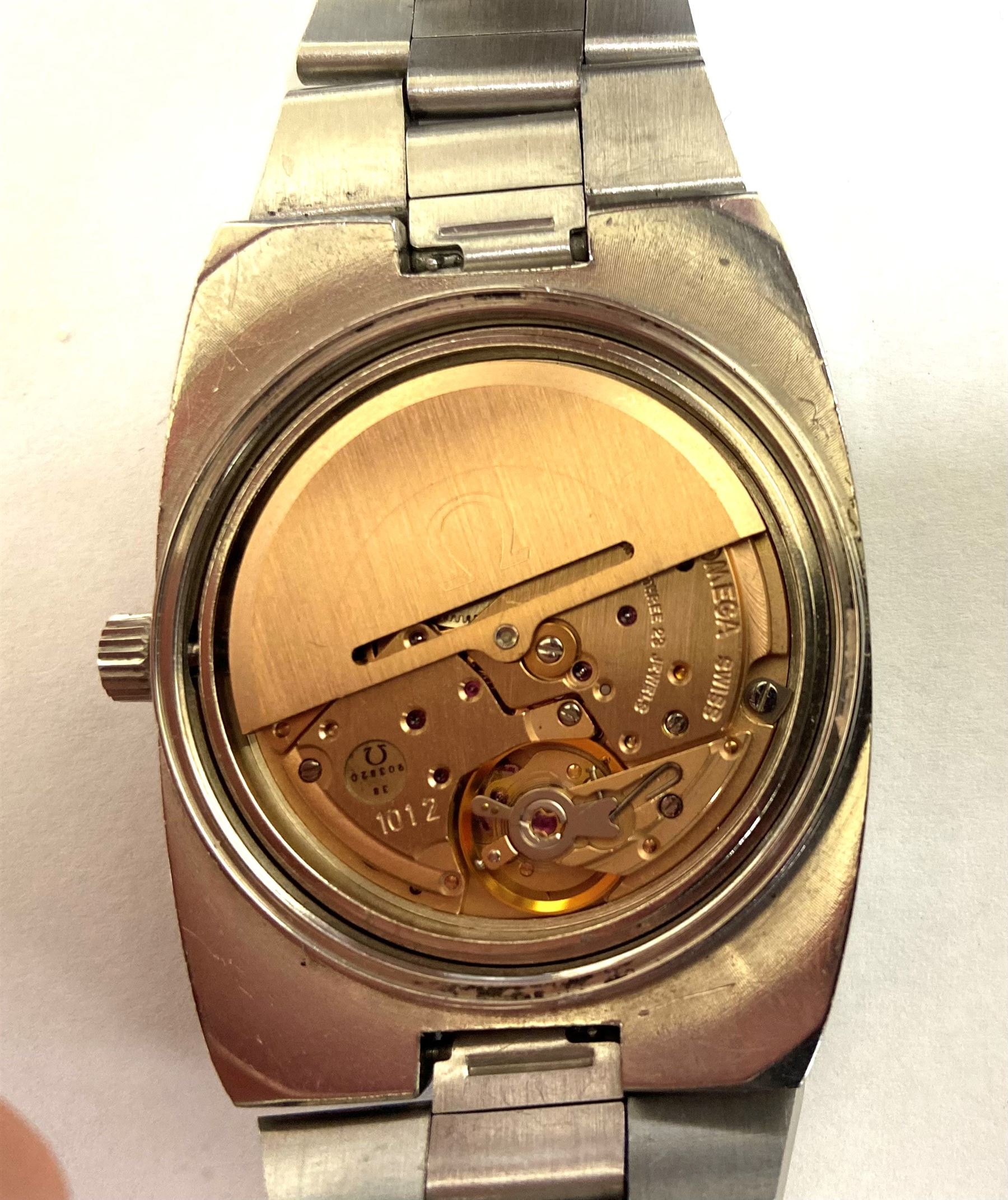 Omega Geneve automatic gentleman's stainless steel bracelet wristwatch, Ref. 	166.0191, Cal. 1012, silvered dial with date aperture, on original stainless steel bracelet