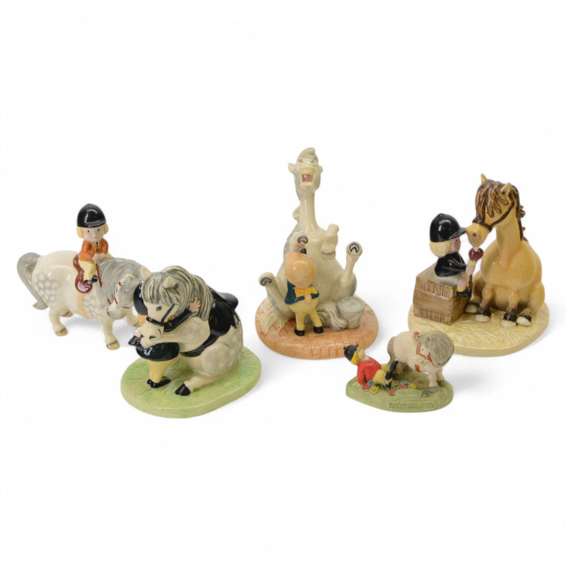 Three Royal Doulton Thelwell figures comprising Body Brush NT7, Ice Cream Treat NT9 and He'll Find You NT12, together with Beswick Thelwell figure and one other 