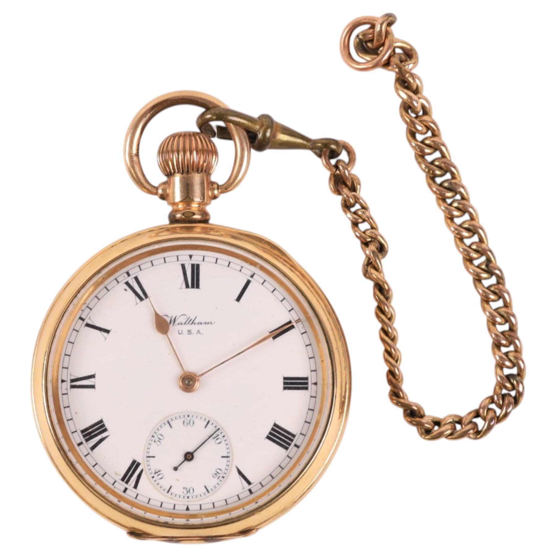 Early 20th century gold-plated keyless lever pocket watch by American Watch Company, Waltham, on 9ct gold chain, with gilt clip