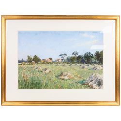 Angus Bernard Rands (British 1922-1985): Village Haystacks and Trees, three pastels signed, largest 44cm x 70cm (3)