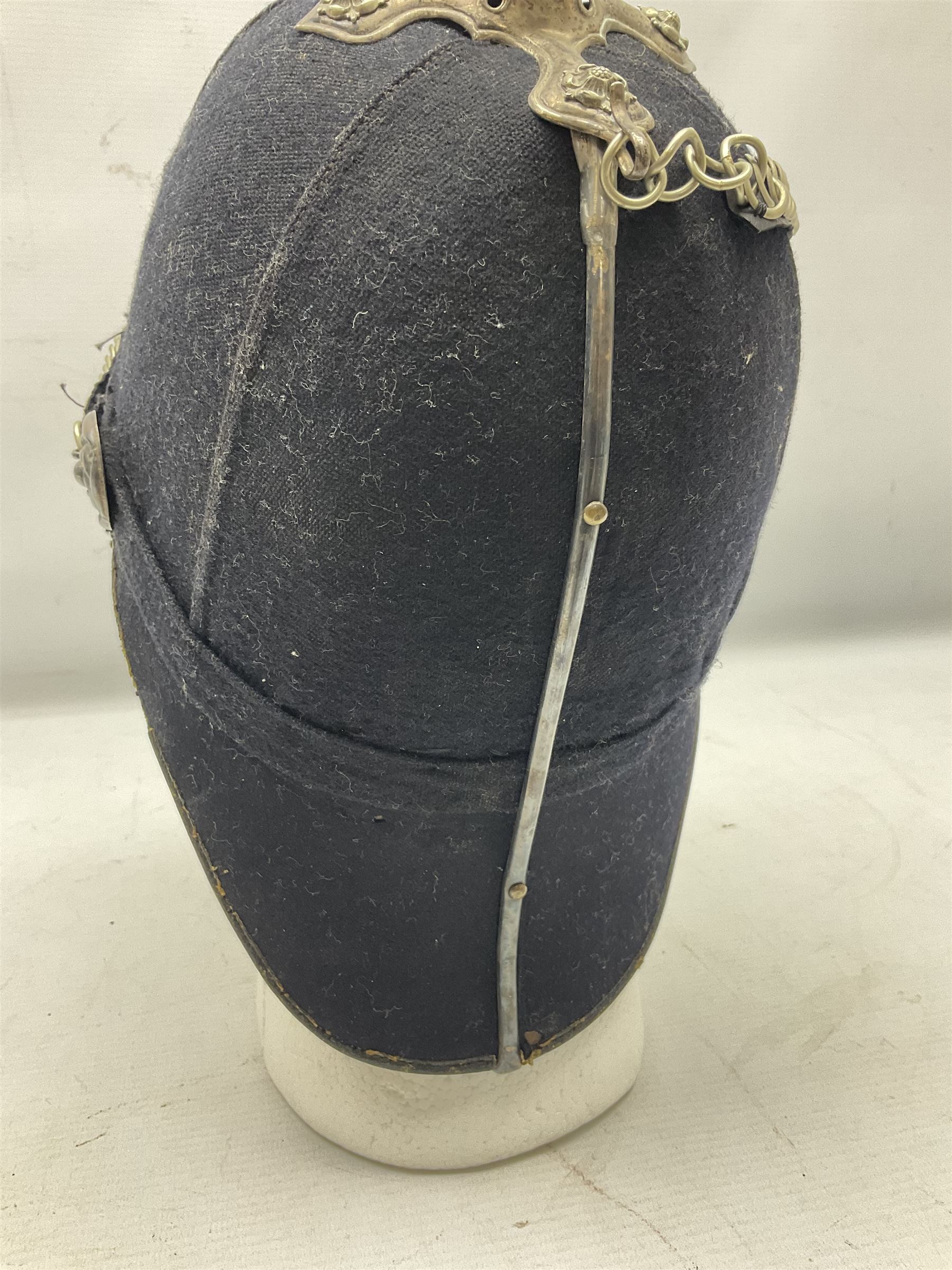 Victorian British Army South Lancashire Regiment 1st Volunteer Battalion other ranks blue cloth home service helmet with helmet plate, spike and chinstrap