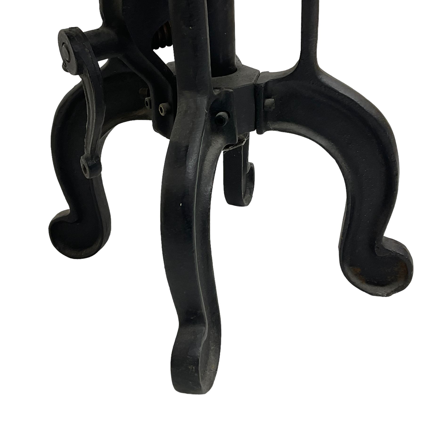 Industrial steel adjustable occasional or bar table, circular top over revolving screw action, raised on four cabriole supports with turning handle to adjust height